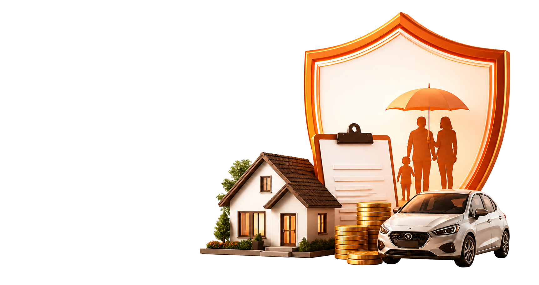 Loan protection illustration with a house, loan document, family and car sheltered by a shield